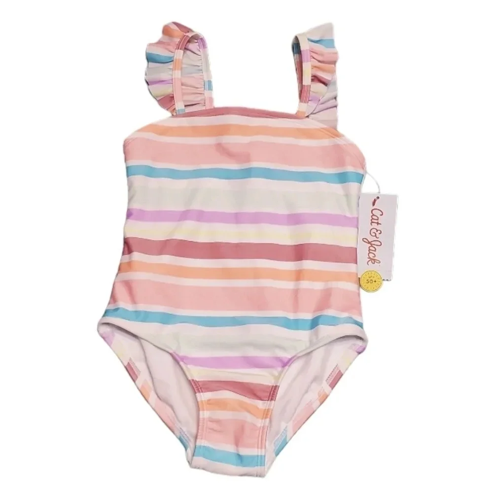 NWT Cat & Jack Girls' Striped Summer Sweetheart One Piece Swimsuit XS 4/5